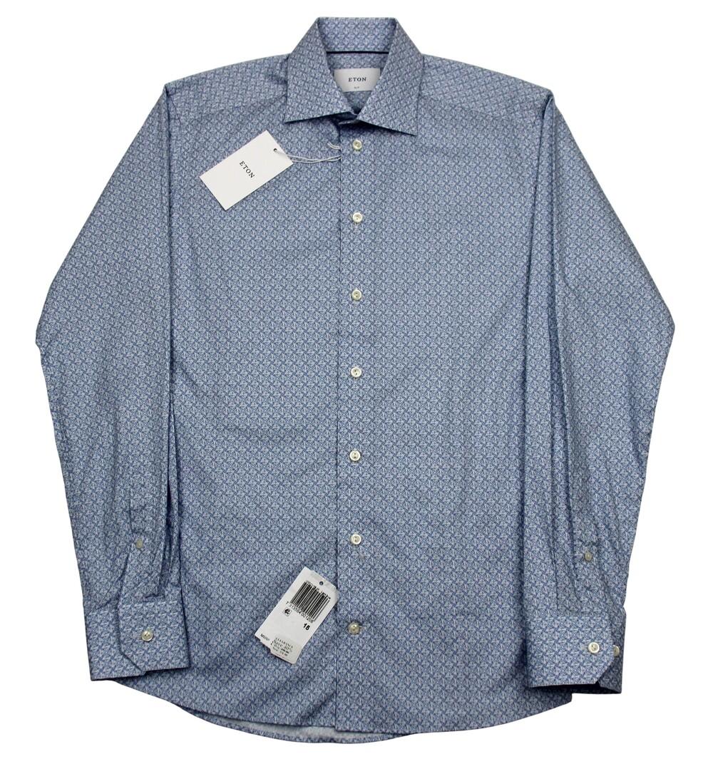 Eton Shirt Mens 15 38 Blue Geometric Print Slim Fit Dress Long Sleeve Cotton